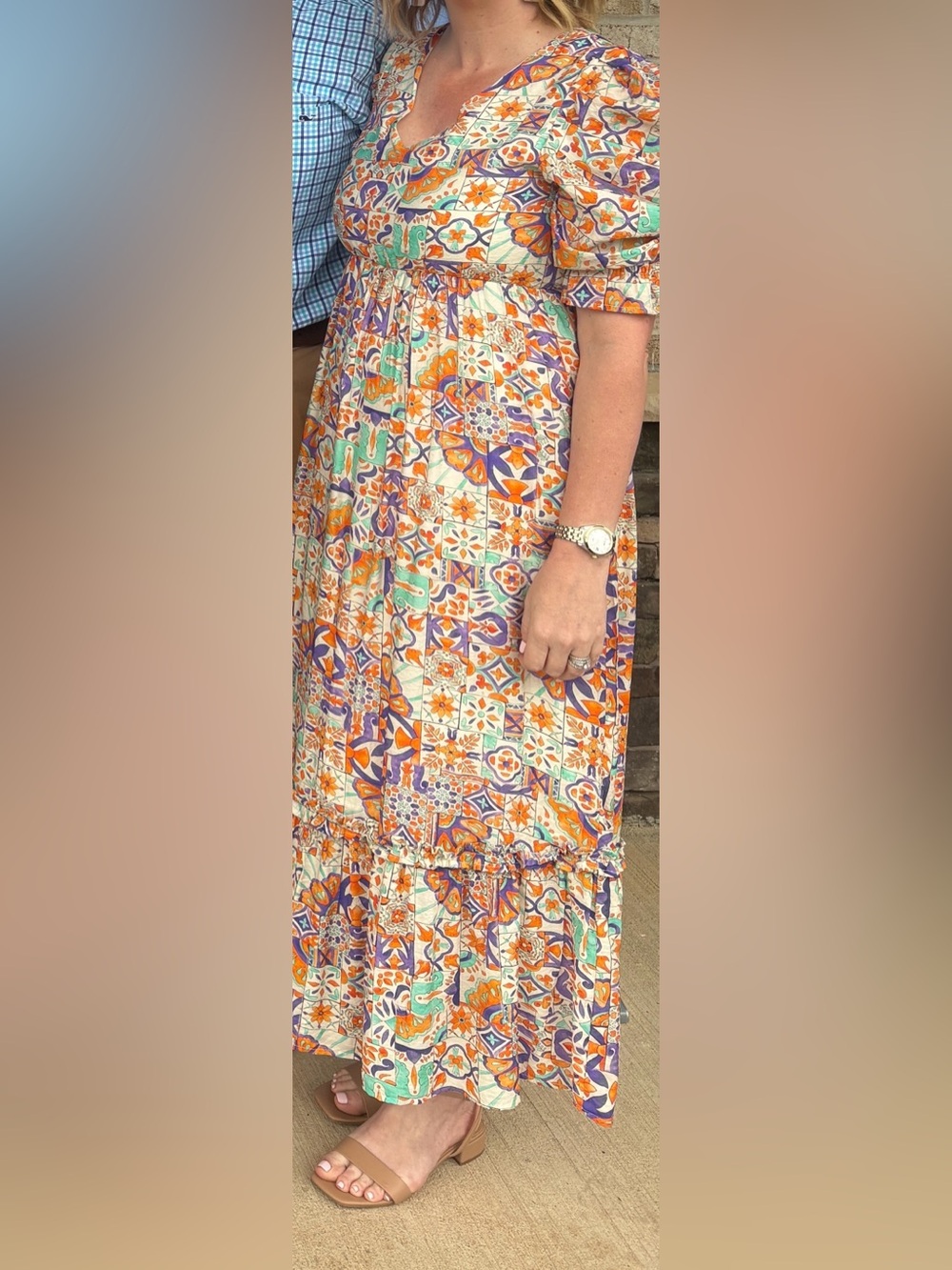 Boho Tile-Print Midi Dress in Orange, Purple & Mint